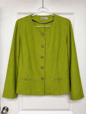 Lime Green Linen Blend Jacket Blazer Natural Button Lightweight Minimalist